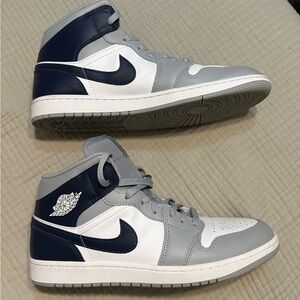Nike Men's Air Jordan Mid 1 Gray and Blue High-Top Sneakers